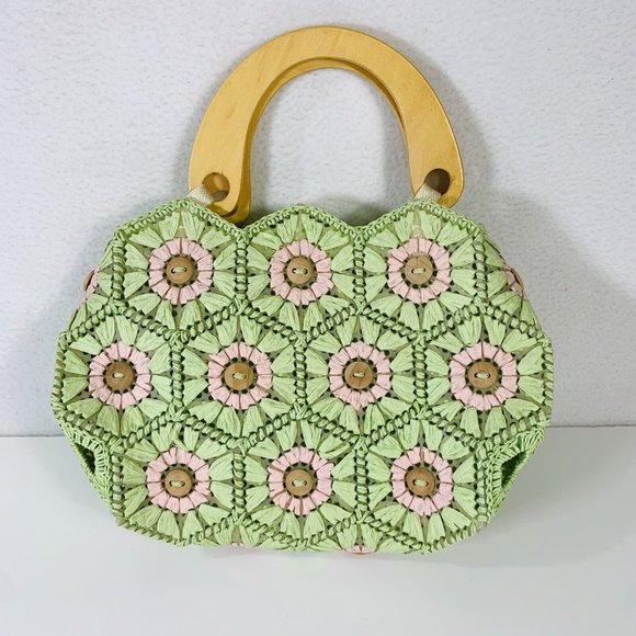 Summer Beach Cottage Straw Button Handbag Flower Lime Pink Wood Handles Purse - Picture 5 of 13
